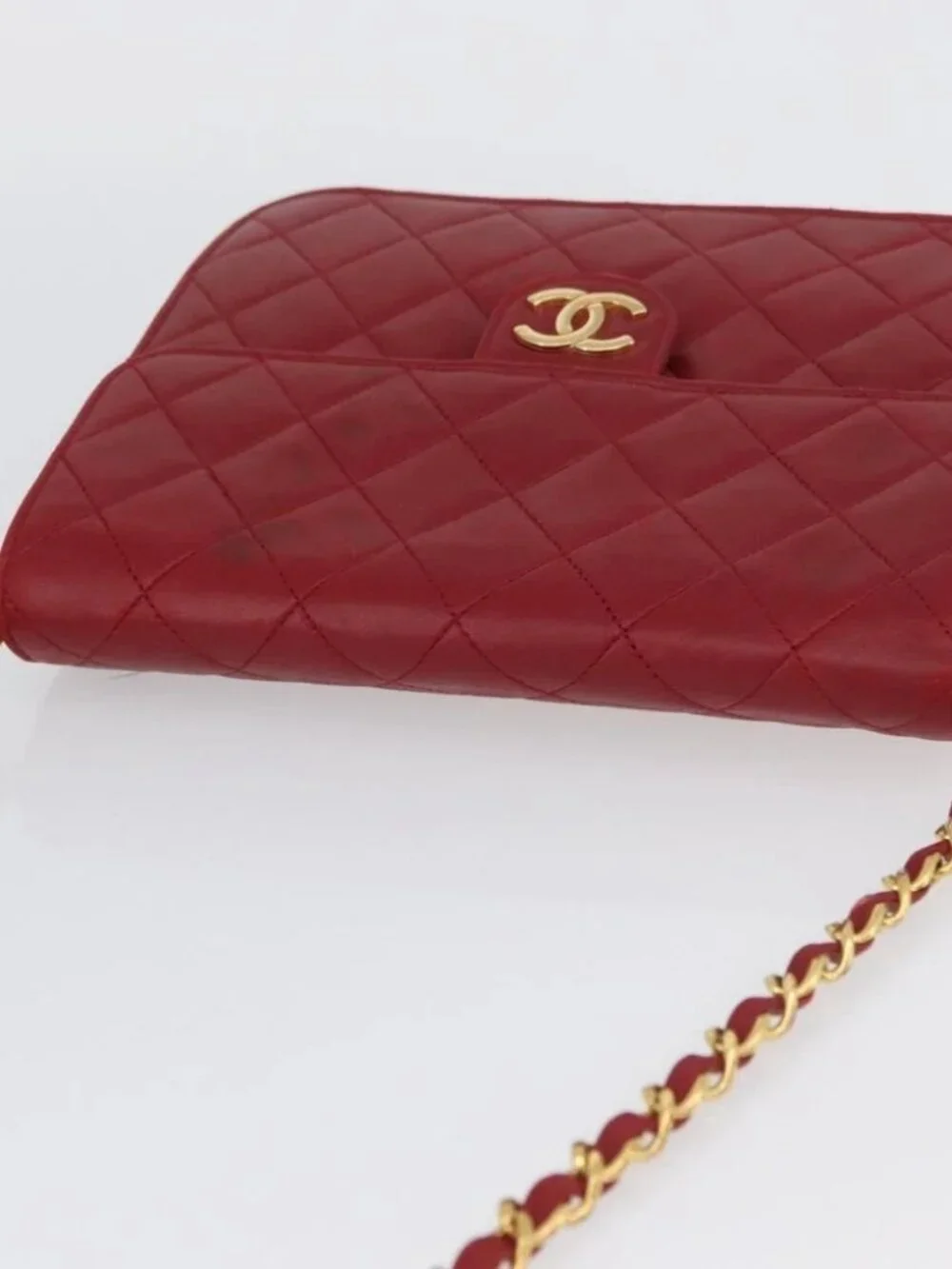 CHANEL Matelasse Chain Shoulder Bag Lamb Skin Red Gold CC Auth YKZ368